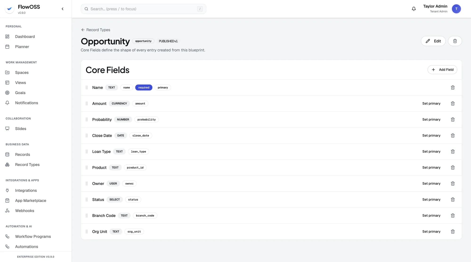 FlowOSS core fields — configuring the fields of a record type
